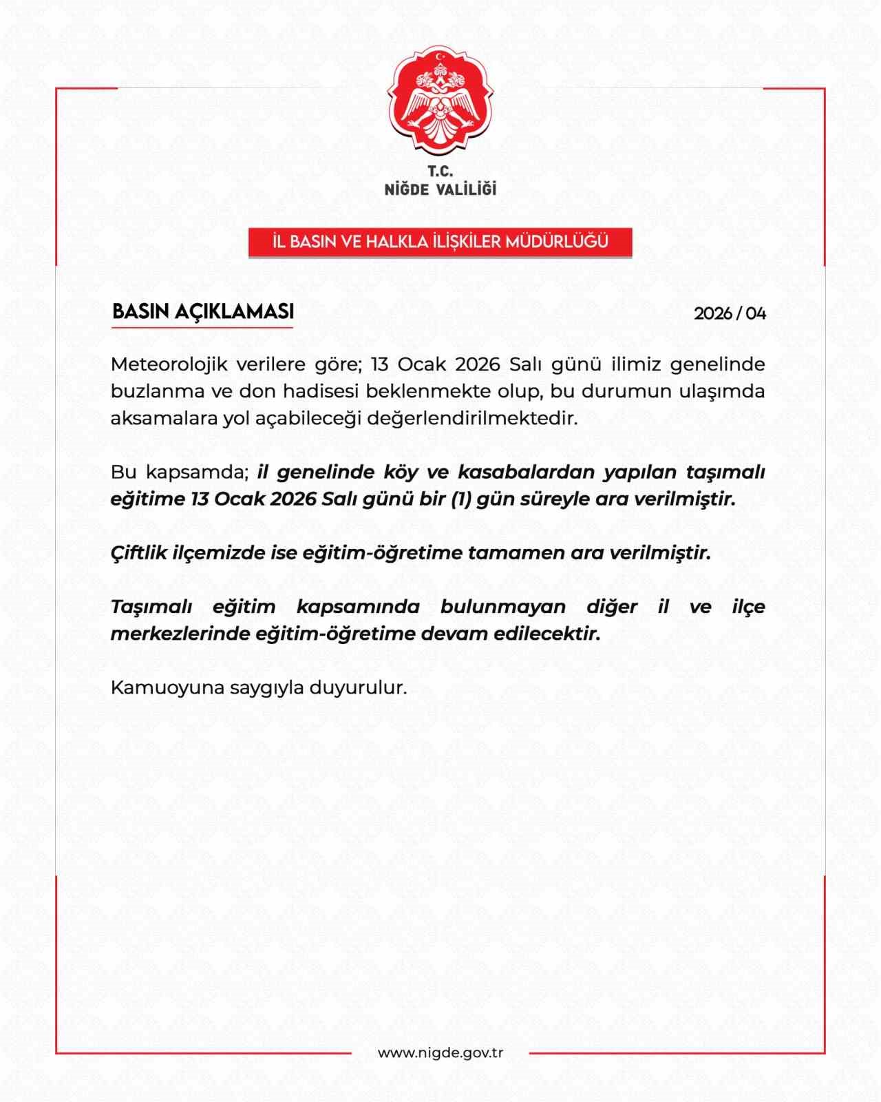 Niğde’de buzlanma nedeniyle taşımalı eğitime 1 gün ara verildi
