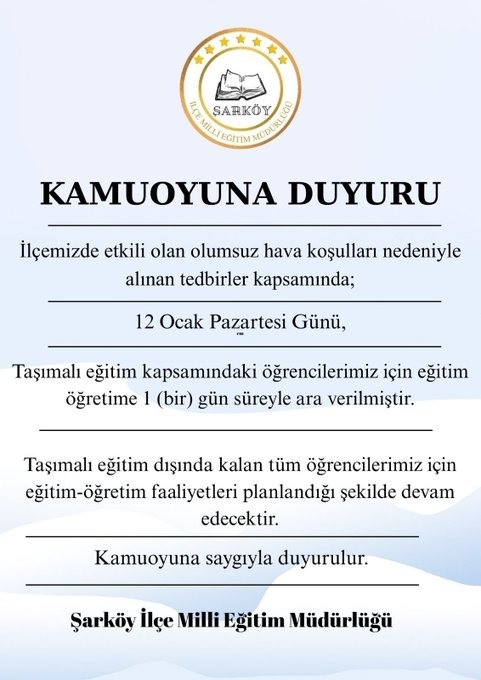 Şarköy’de taşımalı eğitime bir gün ara verildi
