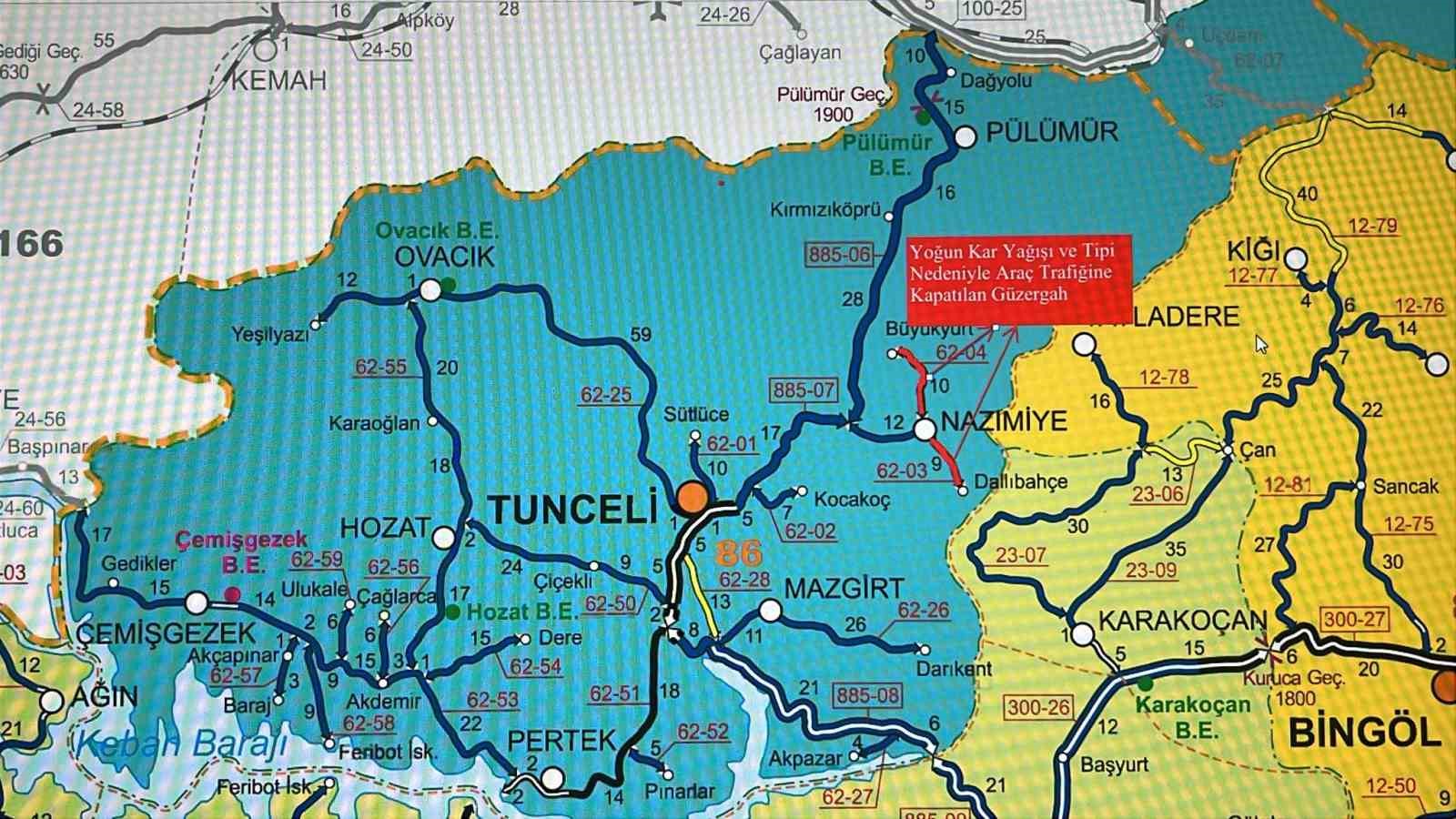 Tunceli’de yoğun kar yağışı nedeniyle birçok il yolu ulaşıma kapatıldı

