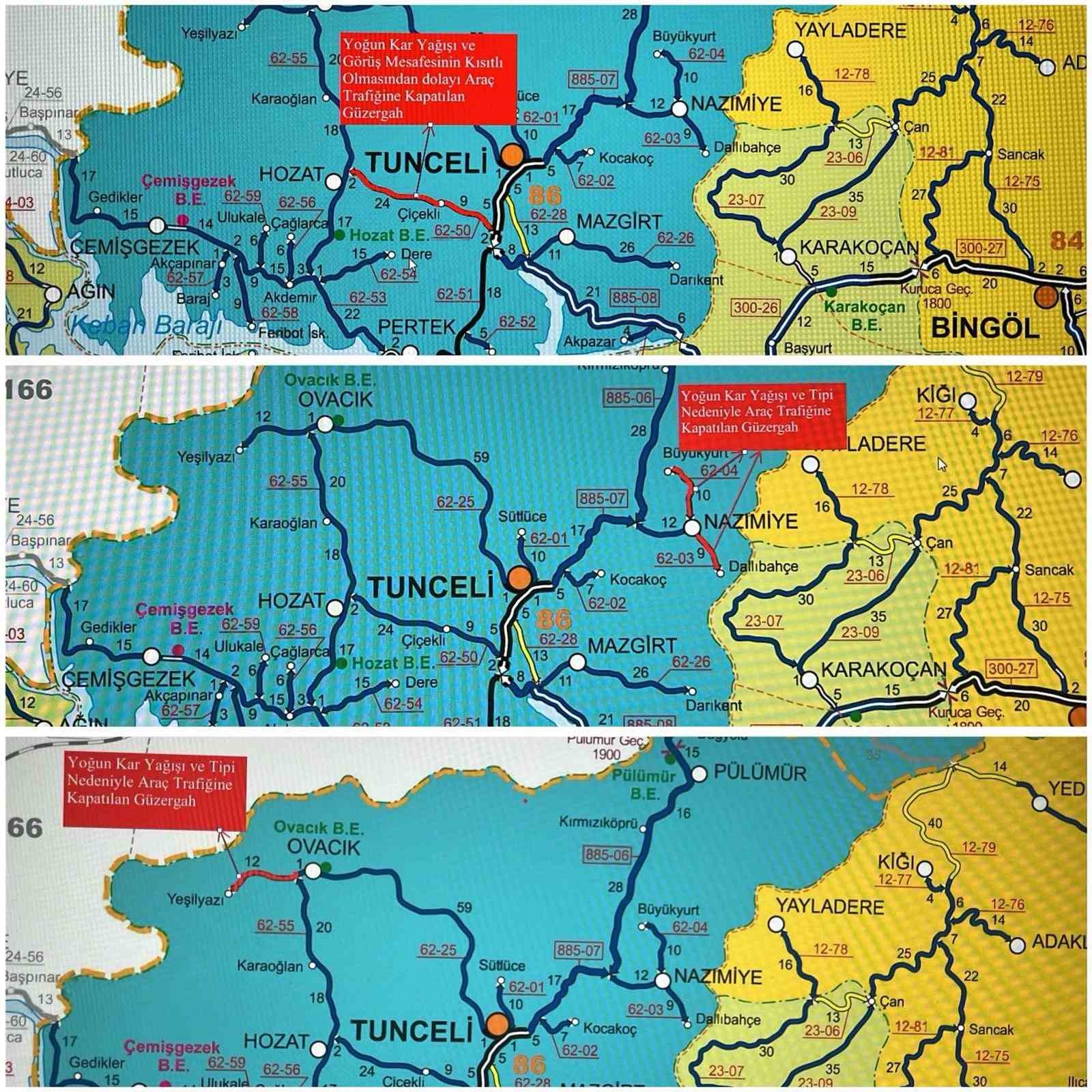 Tunceli’de yoğun kar yağışı nedeniyle birçok il yolu ulaşıma kapatıldı
