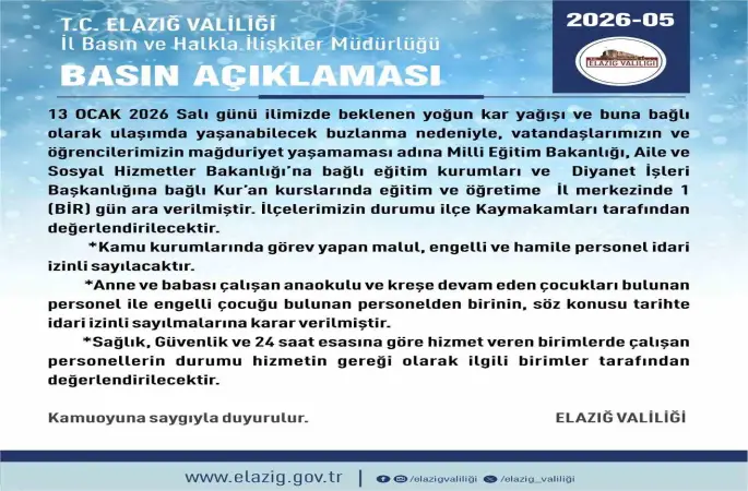 Elazığ’da eğitim-öğretime 1 gün ara verildi
