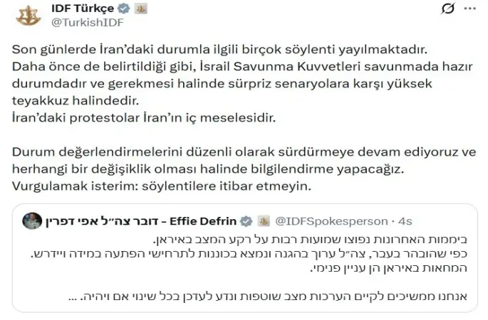 İsrail ordusundan İran açıklaması: "Sürpriz senaryolara karşı yüksek teyakkuz halindeyiz"
